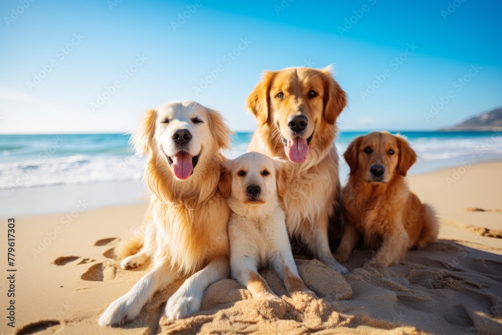 warm family It consisted of a father, mother and two children standing and smiling happily. Side by side Golden Retriever dogs On the beautiful beach 