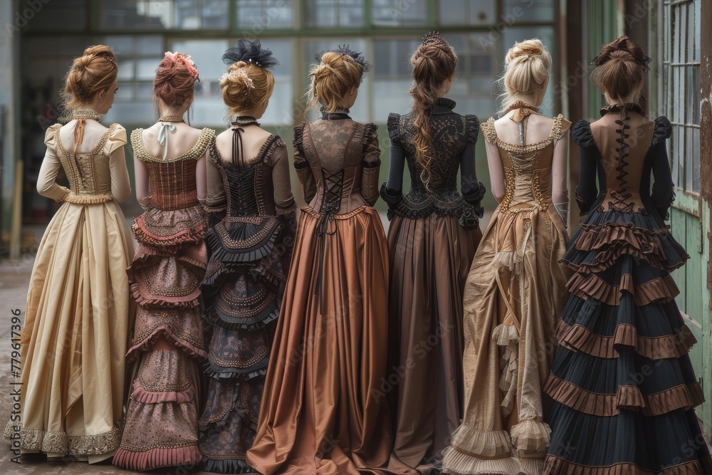 A collection of women seen from behind in historical period attire reminiscent of the romantic Victorian era