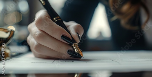 Cropped view of female lawyer's hand holding a luxury black pen and writing on document. photo