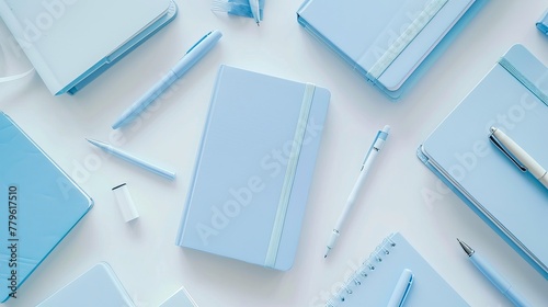 light blue books, pens and notepads, watercolor style, white background 