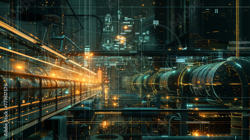 Digital illustration of advanced pipeline technology with schematic overlays in a futuristic setting.