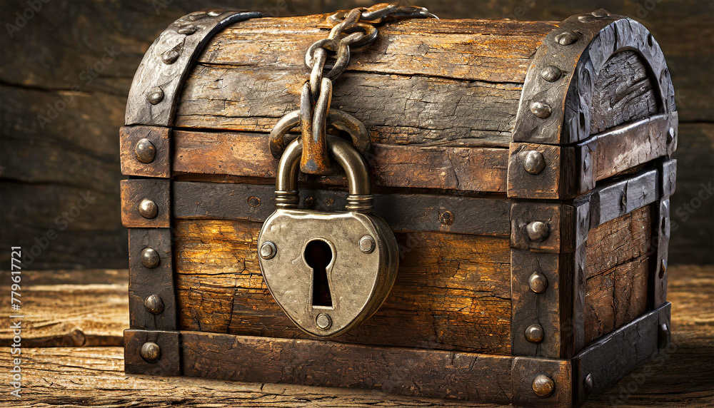 Fototapeta premium Extreme close-up of an ancient treasure chest with an iron heart-shaped padlock, trunk in metal and wooden material. Generative Ai.
