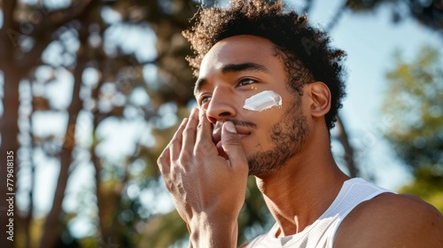 facial treatment for men with active lifestyles, a model applies a moisturizer after a workout, highlighting quick and effective skincare photo