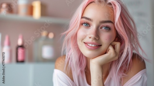 Cute beauty woman with pink hairstyle, look at camera. Beauty skincare and happiness white woman with.