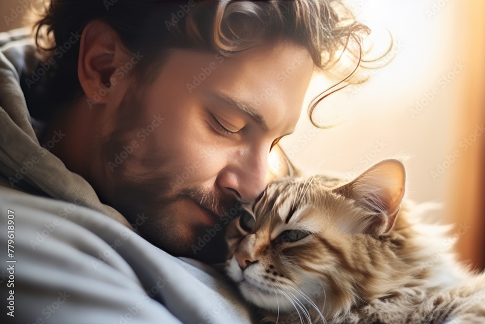 young man playing with cat Warm atmosphere, cat snuggles 