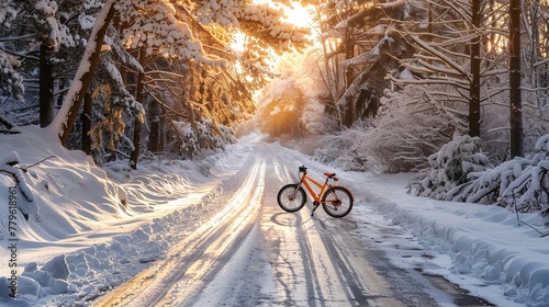 a orange bicycle standing on a snowy road in a snow-covered pine forest in the early morning with beautiful rays of light. wide staff