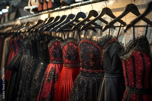 A variety of luxurious evening dresses elegantly hanging on hangers in a retail environment, showcasing intricate designs and rich colors