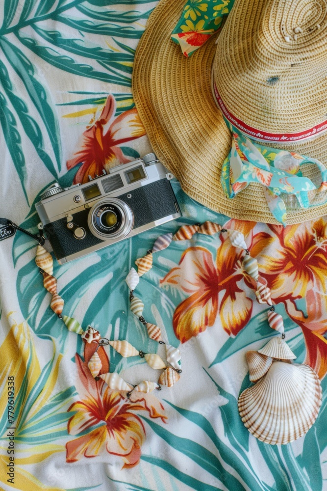 A flat lay of summer vacation essentials arranged on a colorful beach towel: a tropical-print swimsuit