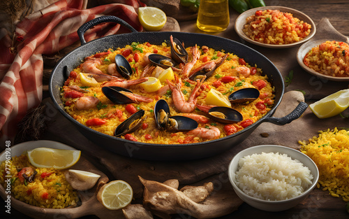 Spanish paella, seafood rich, saffron rice, wide pan, vibrant, sunny outdoor setting