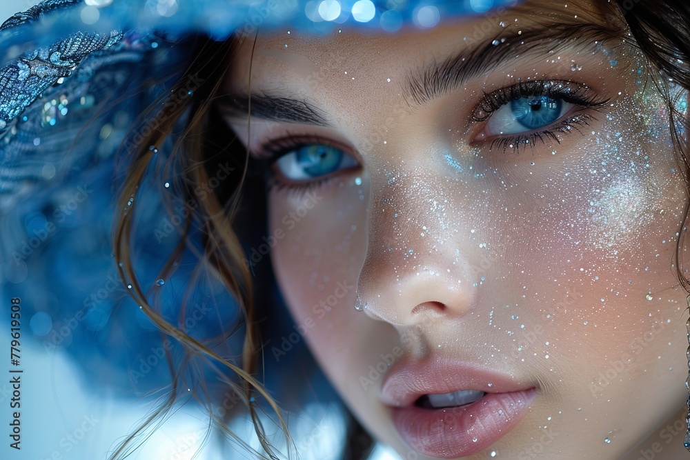 An ethereal close-up of a woman with sparkling makeup, highlighted by blue hues and shimmering light effects