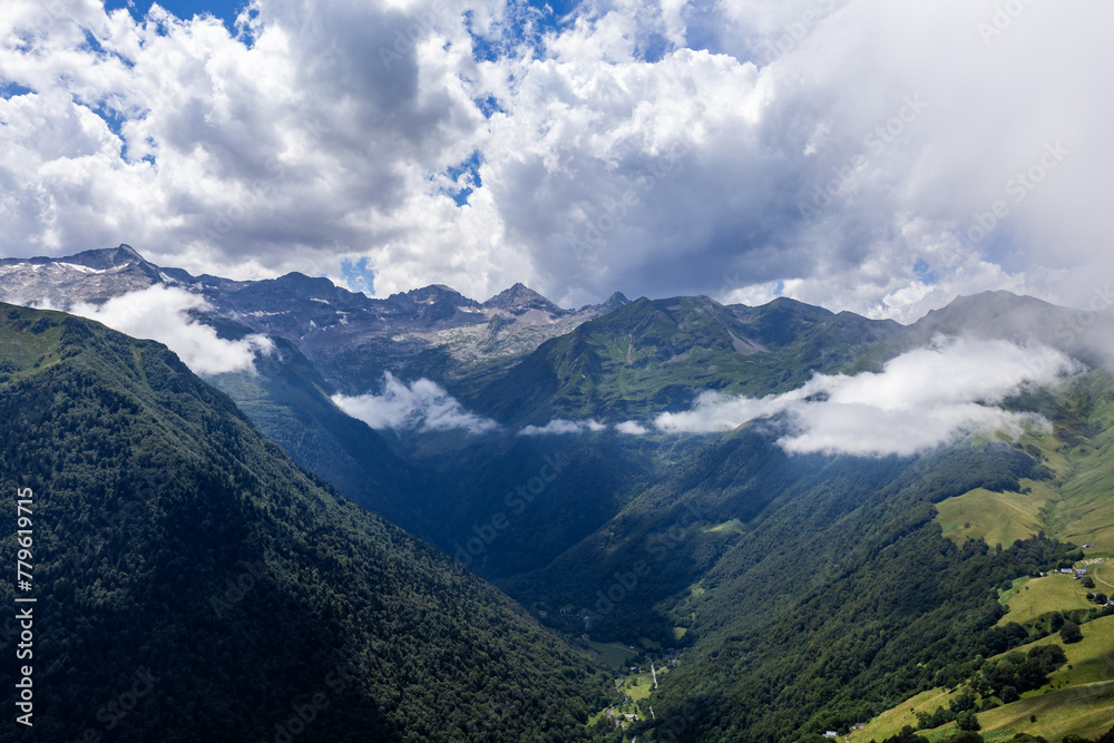 Summer landscape and clouds in Bagneres Luchon in Pyrenees, France