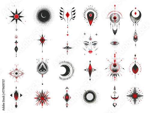 Boho witch elements, alchemy esoteric mystery tattoo design mystic moon symbol blood magic red black doodle art collection vector illustration
