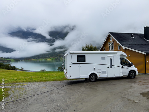 Motorhome camper in a campsite near Briksdal glacier, south Norway. Europe