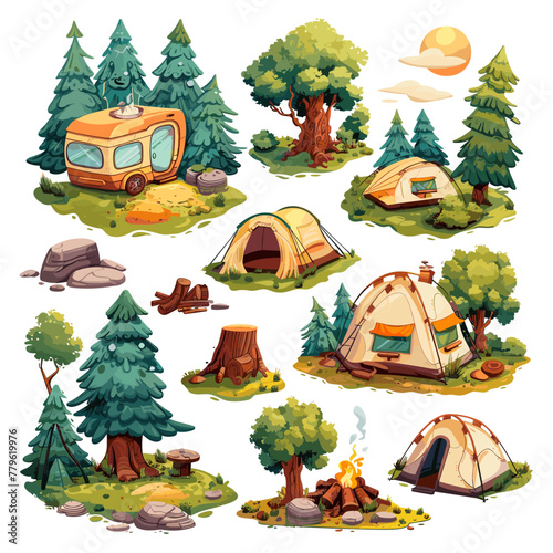 Camping cartoon scenery set, camp tent bonfire trailer motorhome in forest landscape trees background vector illustration