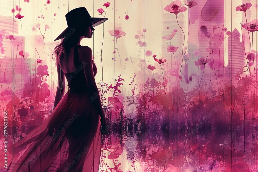A silhouette of a stylish woman amidst a dreamy, oversized floral scene in shades of pink A silhouette of a stylish woman amidst a dreamy, oversized floral scene in shades of pink