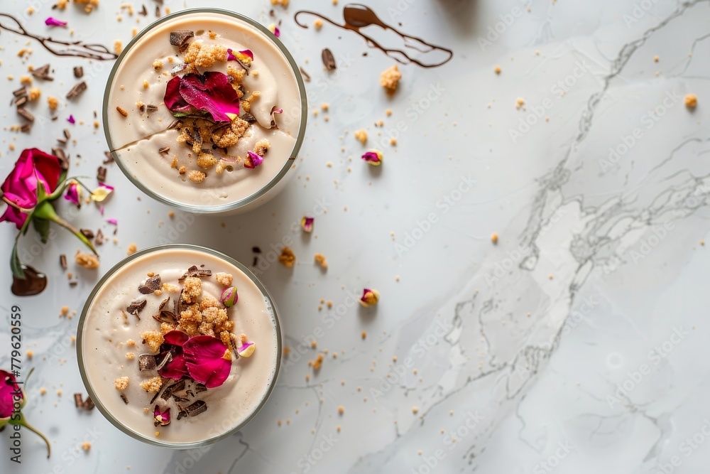 Indian dessert with chai flavors biscuit crumbles chocolate syrup and rose petals Top view blank space Indian dessert with chai flavors biscuit crumbles chocolate syrup and rose petals Top view blank space
