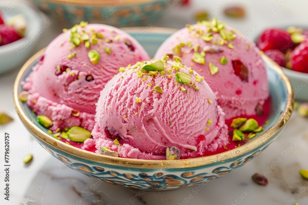 Indian ice cream with pistachios and raspberry flavor Indian ice cream with pistachios and raspberry flavor