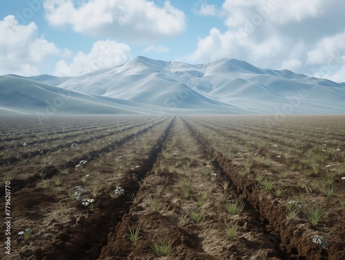 A field of dirt with a mountain in the background. The sky is cloudy and the sun is shining