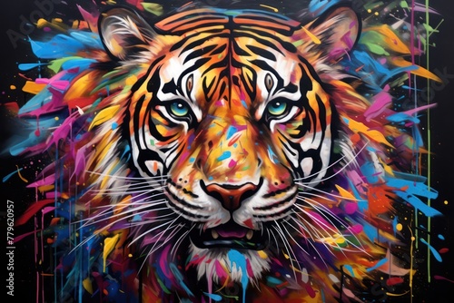 Street art graffiti piece featuring a majestic colorfull tiger head. Mural art oil acrylic painting design  canvas.