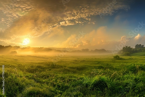 A panoramic view of a lush green meadow bathed in the golden light of dawn, with a gentle mist rising from the ground