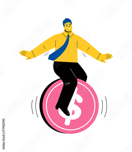 Business man ride coin financial freedom. Flat vector illustration isolated on white background