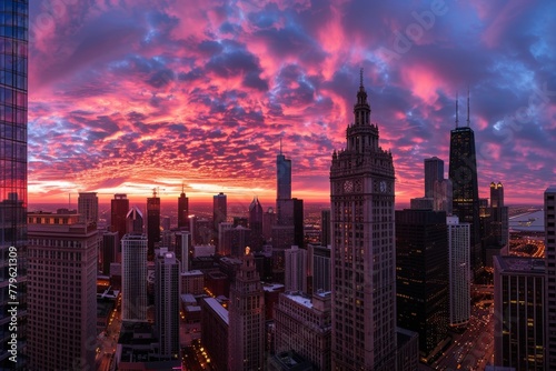A panoramic view of a vibrant sunset over a city skyline, with skyscrapers reflecting the colorful sky and streets © ktianngoen0128