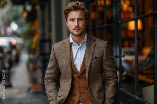 Classy man in a tweed jacket and waistcoat posing with an urban background photo