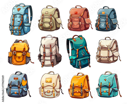 Cartoon hiking backpacks for tourist rucksack travellers scout camping equipment vector illustration