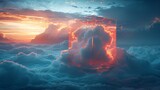 Surreal cloudscape with glowing cube