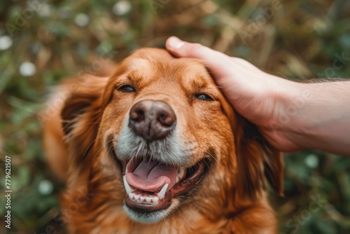 Man patting happy brown dog s head