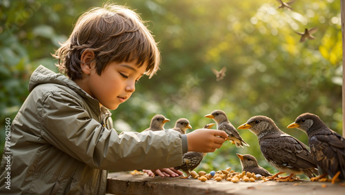 boy is feeding birds in the woods photo