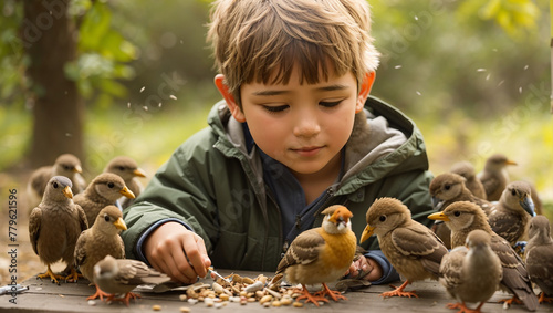  boy is feeding birds in the woods photo