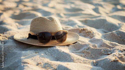 Sunglasses and a straw hat on the sandy beach  summer background