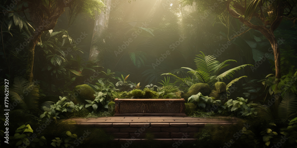 wooden podium against the background of the jungle