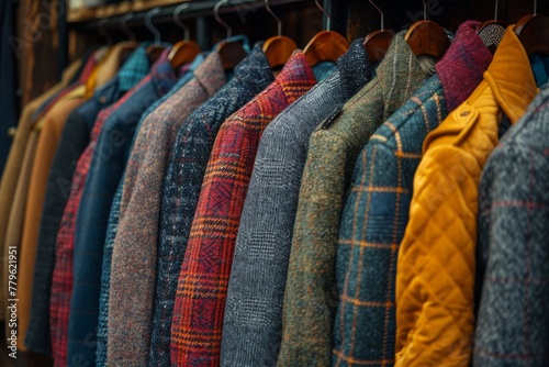 This vibrant selection of jackets on display offers a variety of textures and patterns, perfect for personal style expression