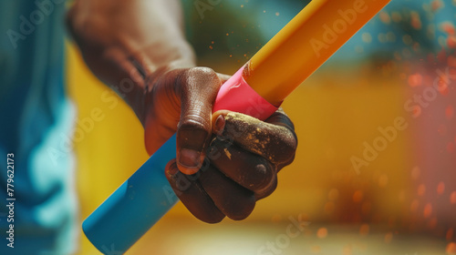A runners hand tightly gripping a brightly colored baton during a relay race photo