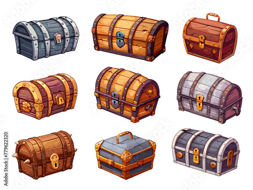 Cartoon wooden treasure chests, old reward boxes wood chest rpg 2d game asset pirate treasures set vector illustration