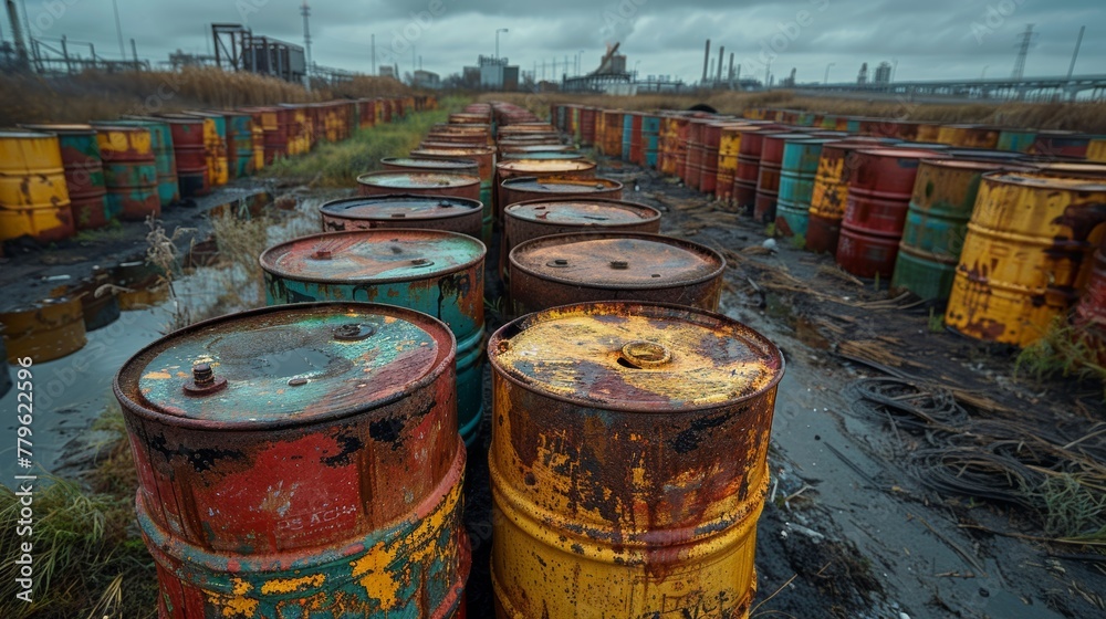 Rusty oil barrels in industrial wasteland Rusty oil barrels in industrial wasteland