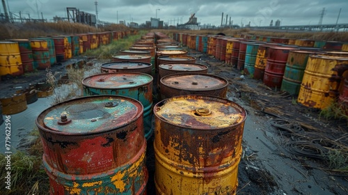 Rusty oil barrels in industrial wasteland