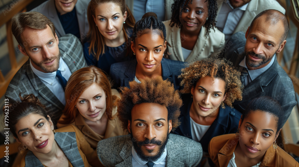 Top view high angle shot from above group portrait of businesspeople standing together, looking up at camera and smiling.