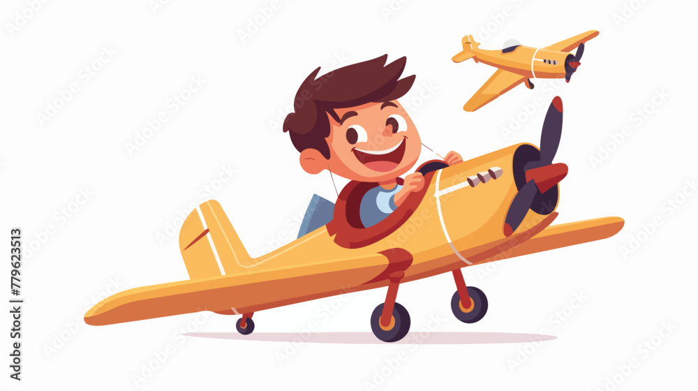 Happy boy kid play toy fly plane Flat vector isolated