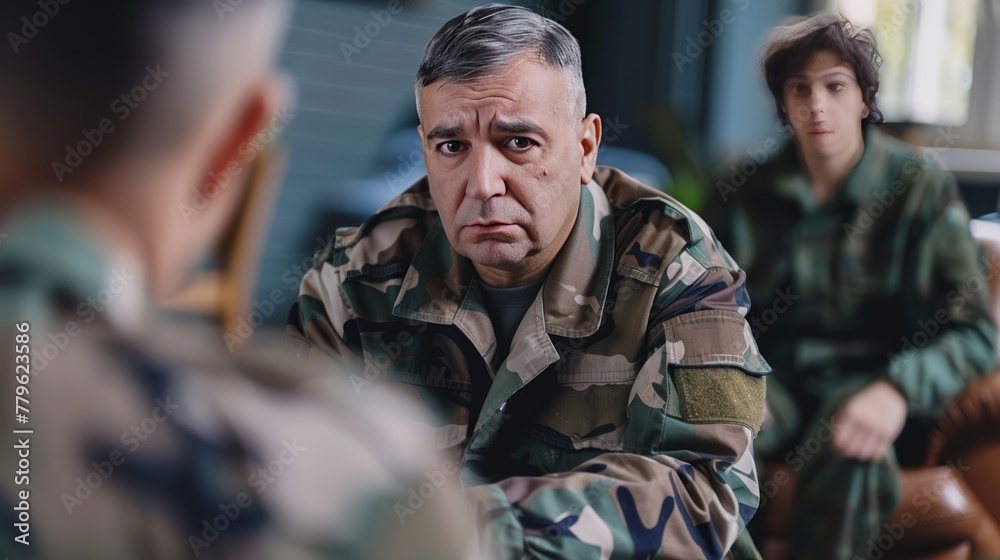 Mature male veterans in camouflage uniform sitting in circle during PTSD group therapy session. Emotional support concept. Mature male veterans in camouflage uniform sitting in circle during PTSD group therapy session. Emotional support concept.