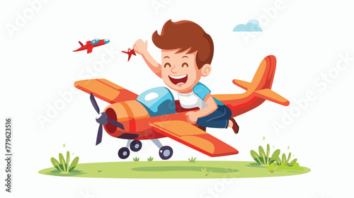Happy boy kid play toy fly plane Flat vector isolated