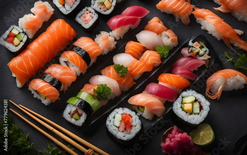 Sushi platter, vibrant colors, soft backlight, top view on dark slate