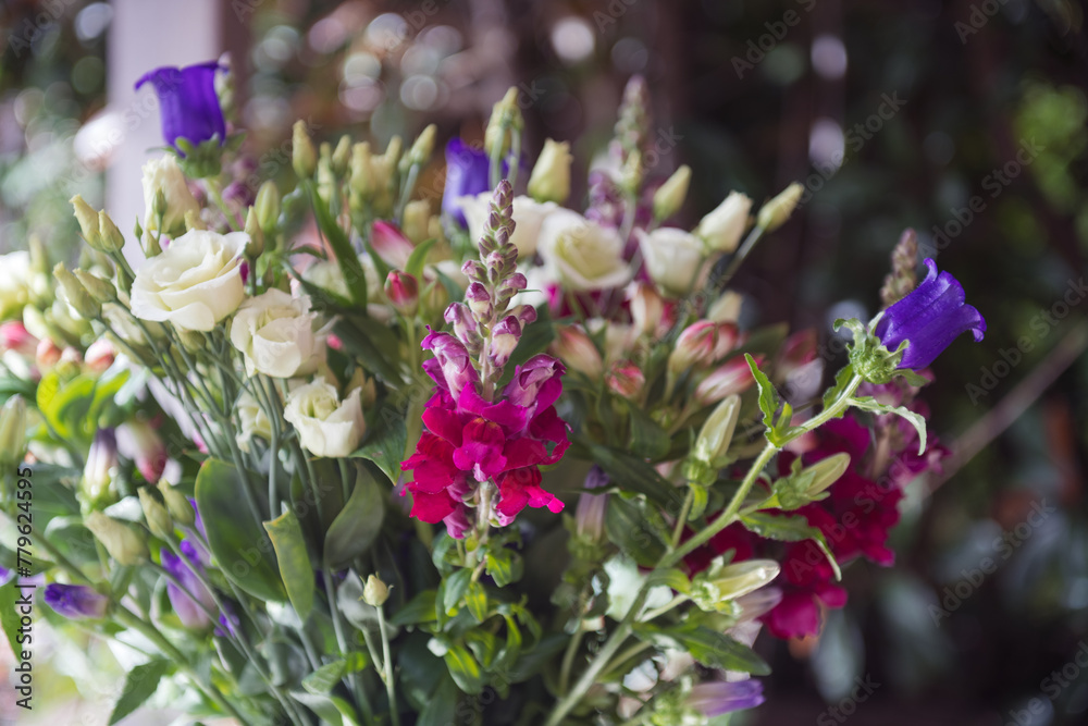 Flowers, bouquet, composition of beautiful fresh flowers with white, purple, pink, red and rose Flowers, bouquet, composition of beautiful fresh flowers with white, purple, pink, red and rose