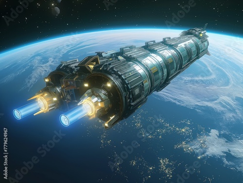 A large space ship is flying through space. The ship is blue and yellow and has two large engines. The ship is surrounded by a blue sky and a white cloud