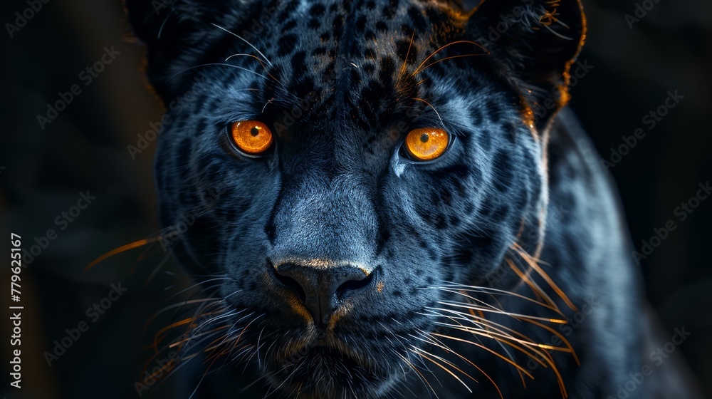 Majestic black leopard close-up with piercing orange eyes