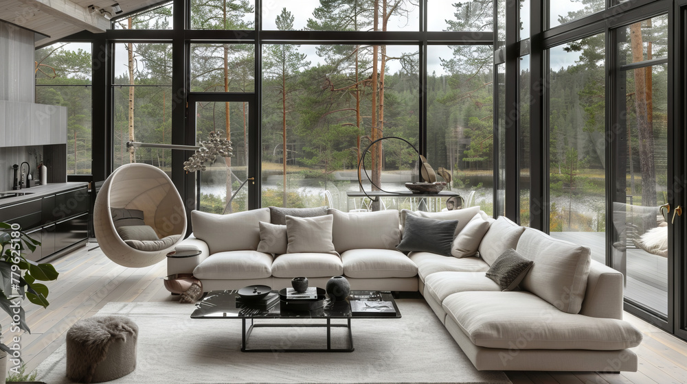 Spacious Scandinavian Living Room with Open-Plan to Kitchen, L-Shaped Sofa, and Panoramic Nature Views
