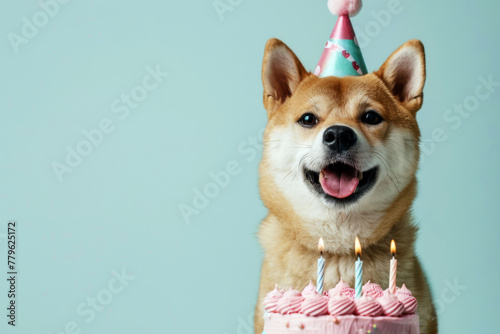 Happy Shiba Inu dog with birthday cake and candles on blue background