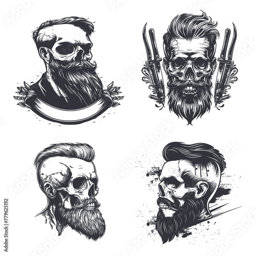 Skull tattoo with beard hairstyle mustache barbershop logo design, vintage skulls art skeleton barber face grunge gothic print set engraving vector illustration